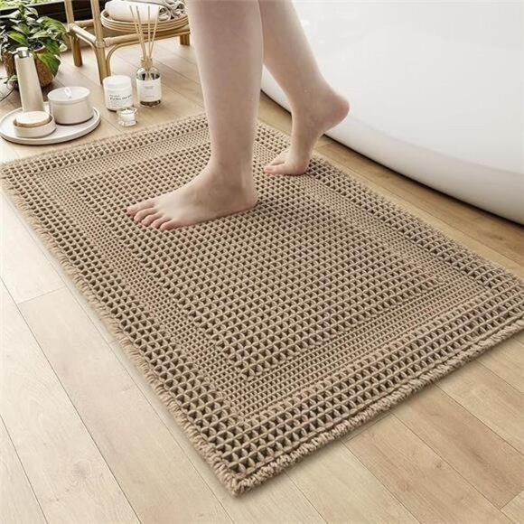 Beige Waffle Bath Mat 17x24 Soft Absorbent Non Slip Washable Boho Bathroom Rug - Picture 7 of 7